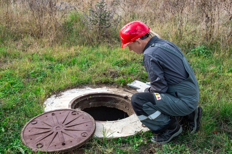 Un plombier inspecte une fosse septique.