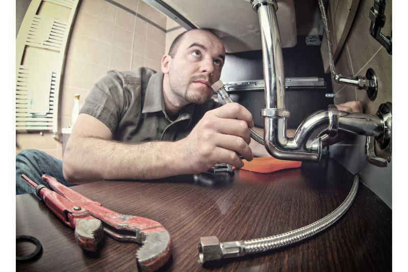 Intervention d'un plombier sous lavabo.